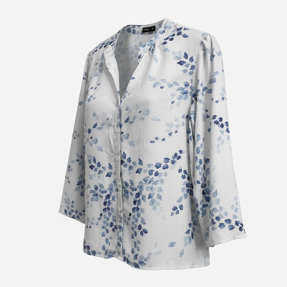Hekka Women's Blue Floral Sheer Button‎ Front Blouse Long Sleeve Size M